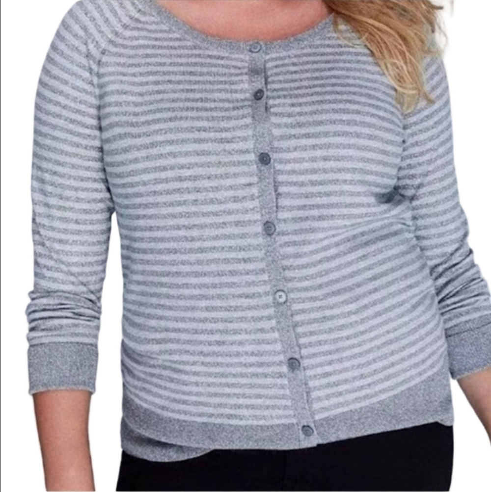 Lane Bryant Metallic Silver & Gray Stripe Button Down Cardigan Sweater